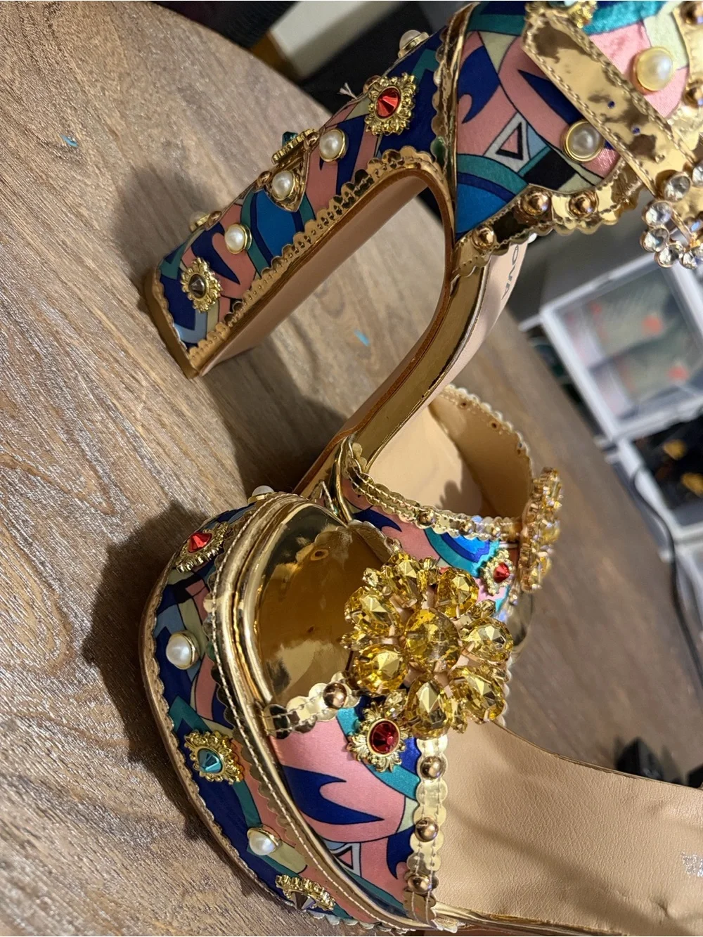 Fashion Nova Pink Multicolor Jeweled Platform Sandal with Gold Trim